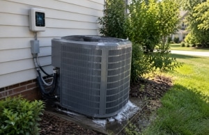 AC condenser unit running continuously outside a home, a sign of high electric bills in Ashburn, VA.