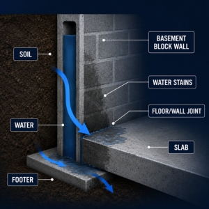 Illustration showing hydrostatic pressure pushing moisture through a concrete foundation wall causes damp basement in Manassas, VA.