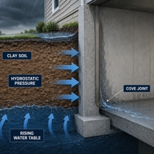 Diagram showing hydrostatic pressure pushing against a clay soil foundation wall causing an unlevel floor in Bristow, VA.