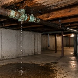 Leaking pipe fitting in a Northern Virginia basement ceiling dripping water onto the floor showing plumbing failure as a basement flooding cause