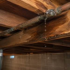 Leaking pipe dripping onto a basement floor joist causing wood rotting in Flint Hill, VA.