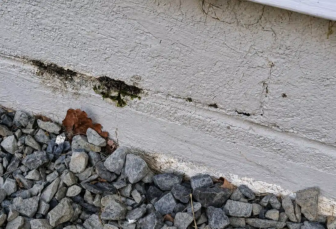 Mold and moss on exterior foundation wall from failing french drain in Alexandria VA.
