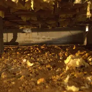 Bare dirt floor crawl space with no vapor barrier showing ground moisture evaporation causing high electric bills in Berkeley, WV.