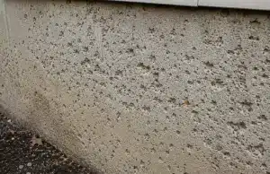 Pitting and cratering across foundation wall surface from freeze-thaw damage, sign of chipping concrete problem in Warrenton, VA.
