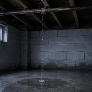 Illustration of a leaking pipe joint above home basement floor dripping water from plumbing failure causes damp basement in Ashburn, VA.