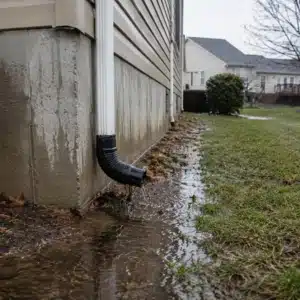 Downspout discharging water near foundation causing basement wood rotting in Harpers Ferry, WV.