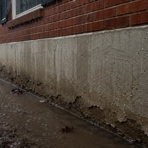 Water pooling against foundation wall from poor drainage saturating concrete and causing chipping concrete in Charles Town, WV.