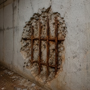 Rebar corrosion pushing concrete cover off foundation wall, causes chipping concrete from within in Southbridge, VA.