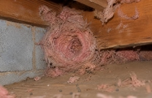 Rodent nest built from shredded insulation and debris in crawl space corner, sign of crawl space pests problem in Harpers Ferry, WV.