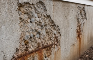 Orange rust streaks on a foundation wall below chipping concrete in Manassas VA indicating active reinforcement corrosion within.