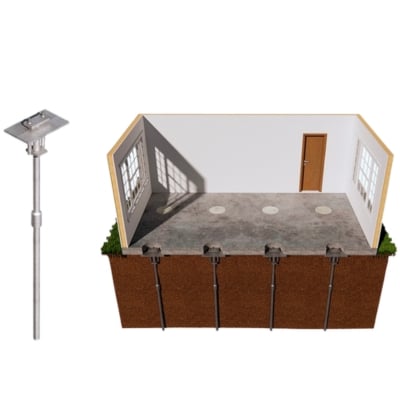 3D illustration of slab pier installation driving steel piers through a concrete slab foundation to fix unlevel floor in Ashburn, VA.