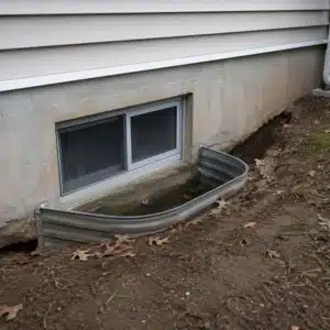 Eroded soil sloping toward the window well causing standing water near foundation wall and basement wood rotting in Alexandria, VA.