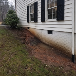 Standing water pooling against a home's brick foundation from poor yard slope drainage causes damp basement in Stephens City, VA.