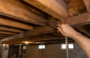 Screwdriver probe test on a soft basement floor joist confirming sign of basement wood rotting in Bristow, VA.