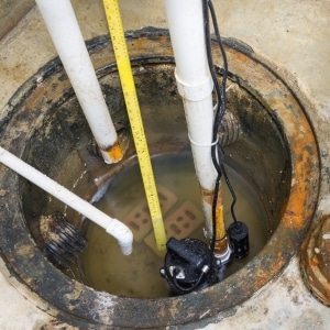 Sump pump pit filled with high water level in basement showing pump failure causing basement flooding in Ashburn, VA
