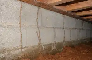 Termite mud tubes running along a concrete crawl space foundation wall, sign of crawl space pests problem in Flint Hill, VA.