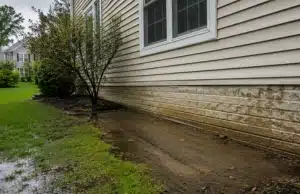 Water pooling near exterior base of foundation after rain with saturated soil, sign of basement flooding problem in White Post, VA.
