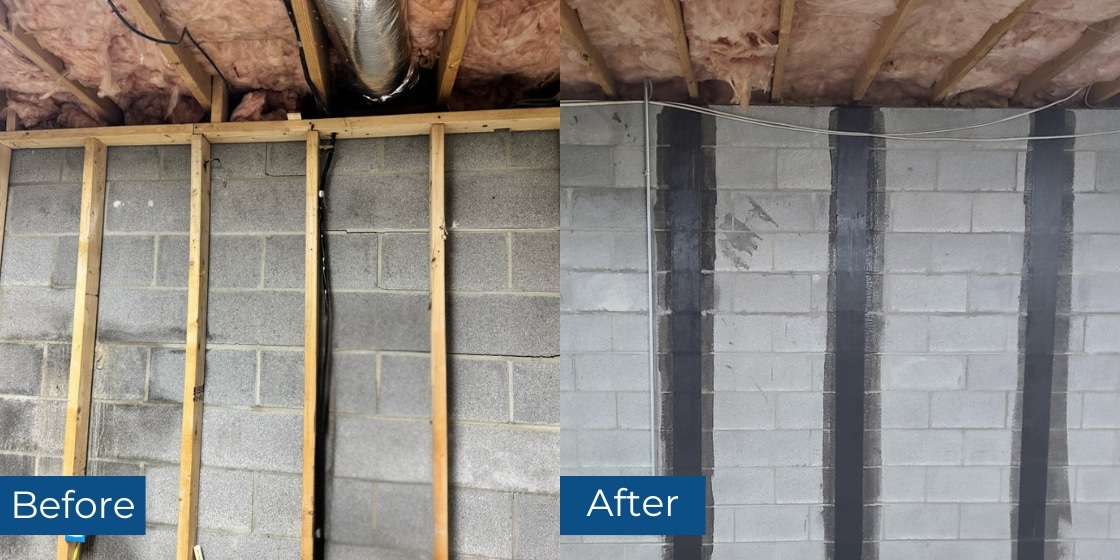 Foundation wall crack before and after carbon fiber strap repair in Winchester, VA, cracked block wall stabilized.