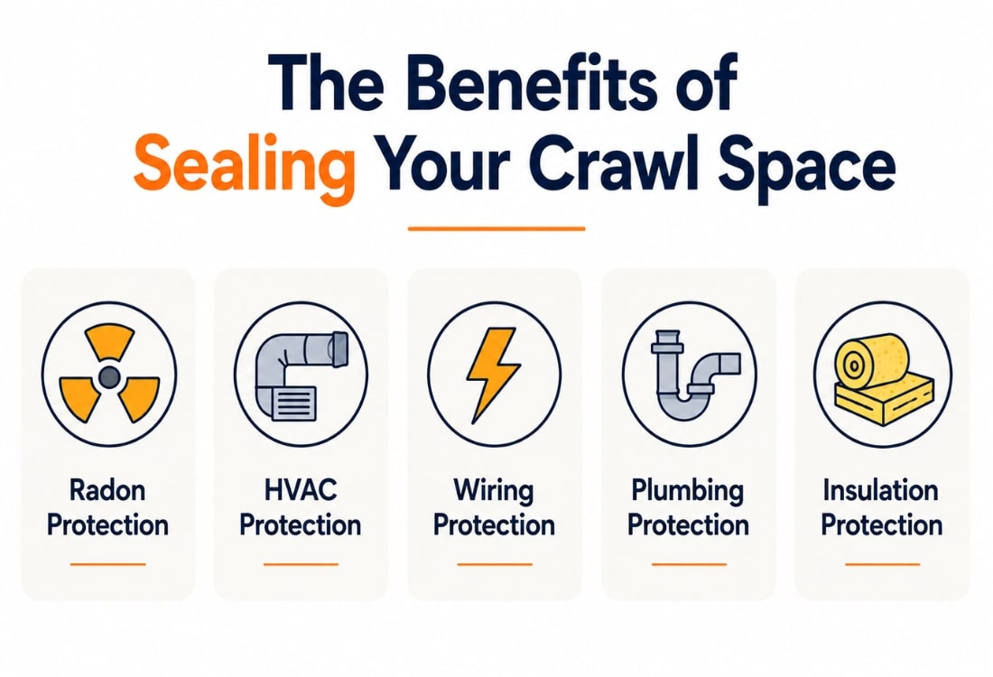 Infographic showing the benefits of sealing a crawl space in Fairfax, VA: radon, HVAC, wiring, plumbing, and insulation protection.