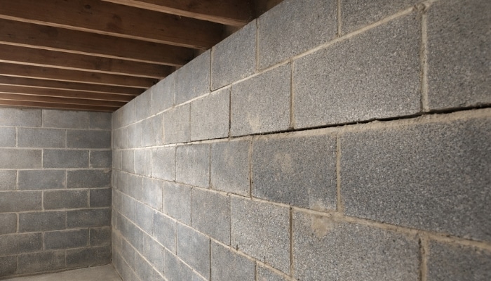 Bowing basement block wall in Northern VA, with horizontal cracks along the joints, a sign of basement water problem.