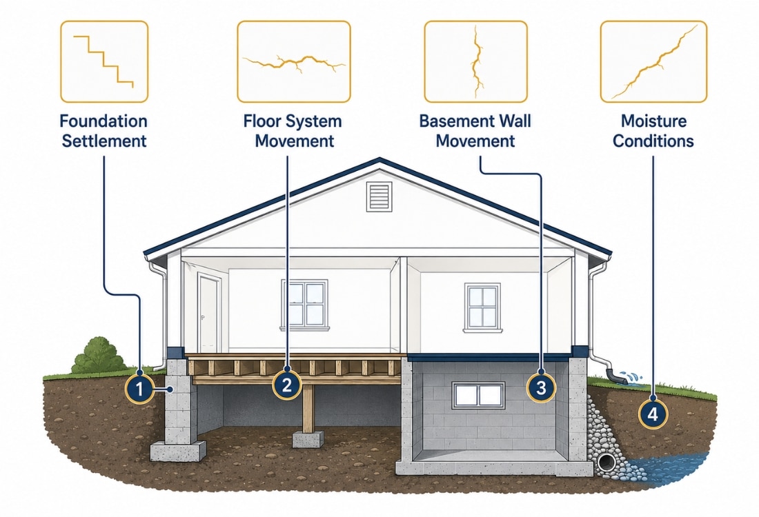 Diagram showing how foundation, floor, wall, and moisture issues cause drywall cracks to keep coming back in Ashburn, VA.