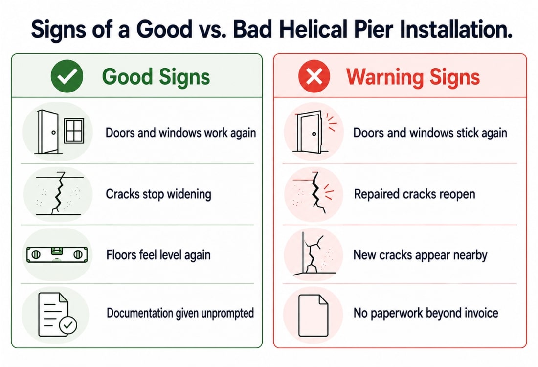 An illustration showing a table of signs of a good vs. bad helical pier installation works in Alexandria, VA.