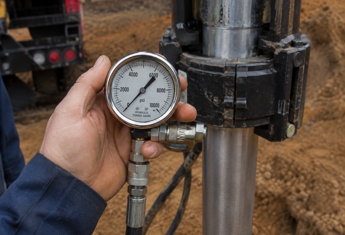 Foundation expert recording a hydraulic torque reading during pier installation to determine if helical pier works in Fairfax, VA.