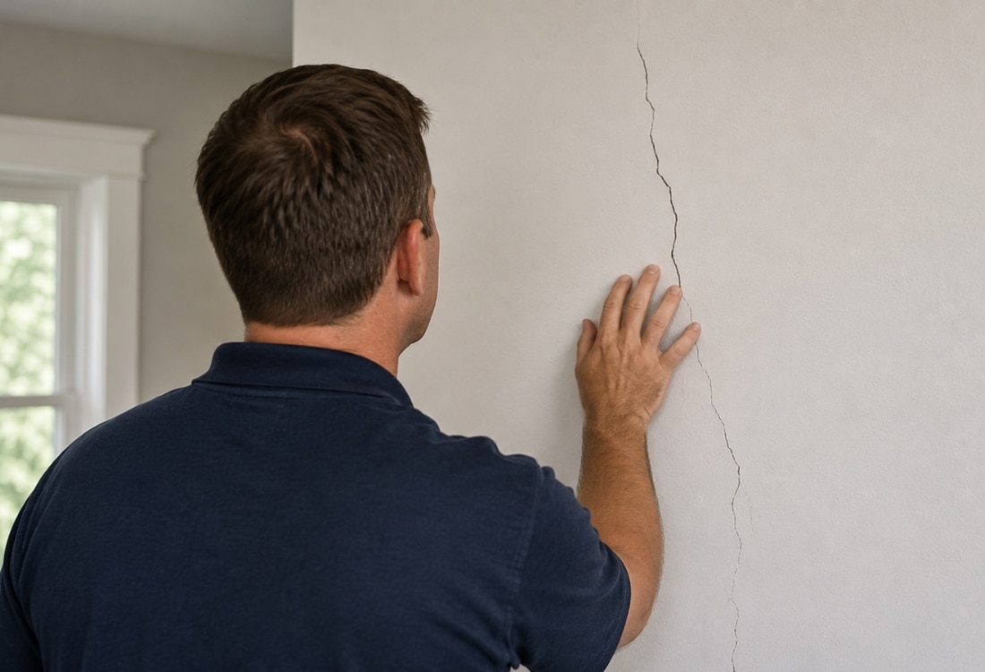 Expert inspecting a drywall crack to determine why it keeps coming back in Winchester, VA.