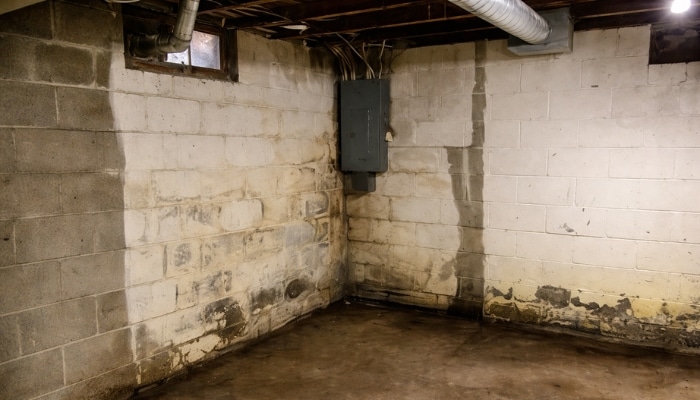 Basement corner with dark staining and moisture buildup causing musty smell in Northern VA, a sign of a poor basement water problem.