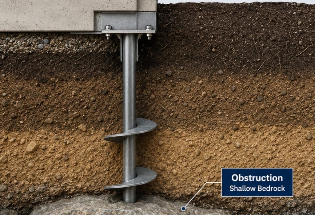 Diagram of a helical pier stopped by shallow bedrock obstruction in soil showing helical piers installation doesn't fit in Brambleton VA.
