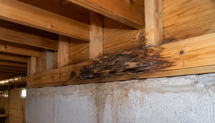 Bowing basement block wall in Northern VA, with horizontal cracks along the joints, a sign of basement water problem.