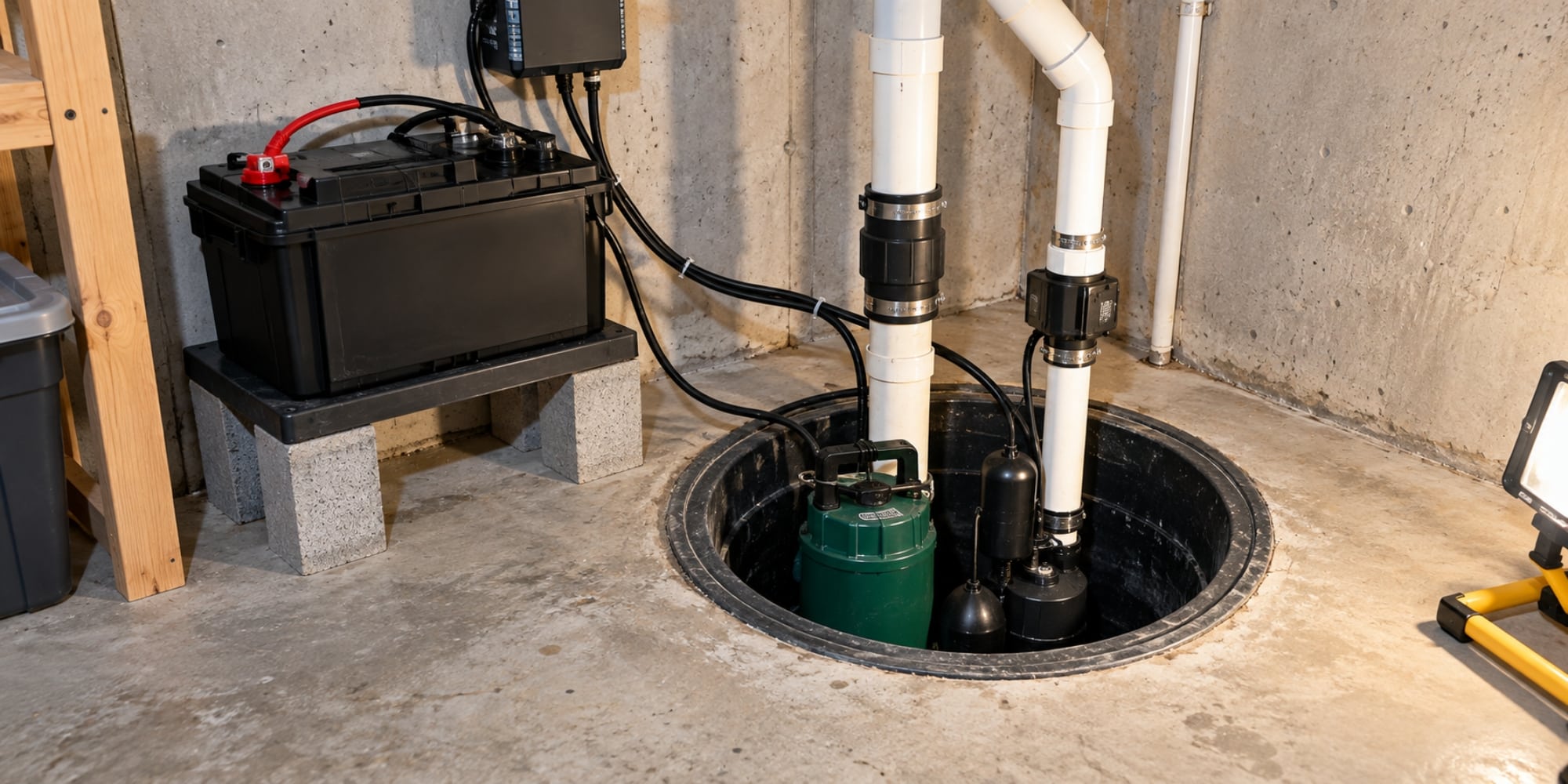 A battery backup sump pump system installed beside the primary pump in a Northern Virginia basement.