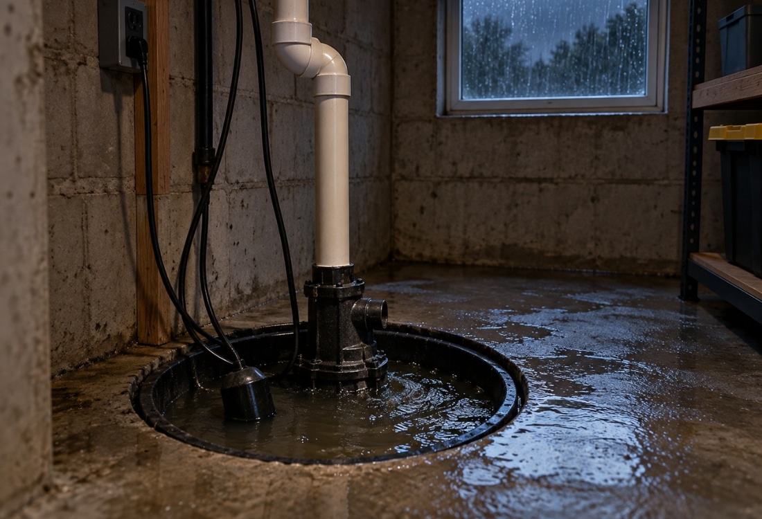 Water rising in an unattended sump pit during a power outage, showing the risk without a backup battery for sump pump in Alexandria, VA.
