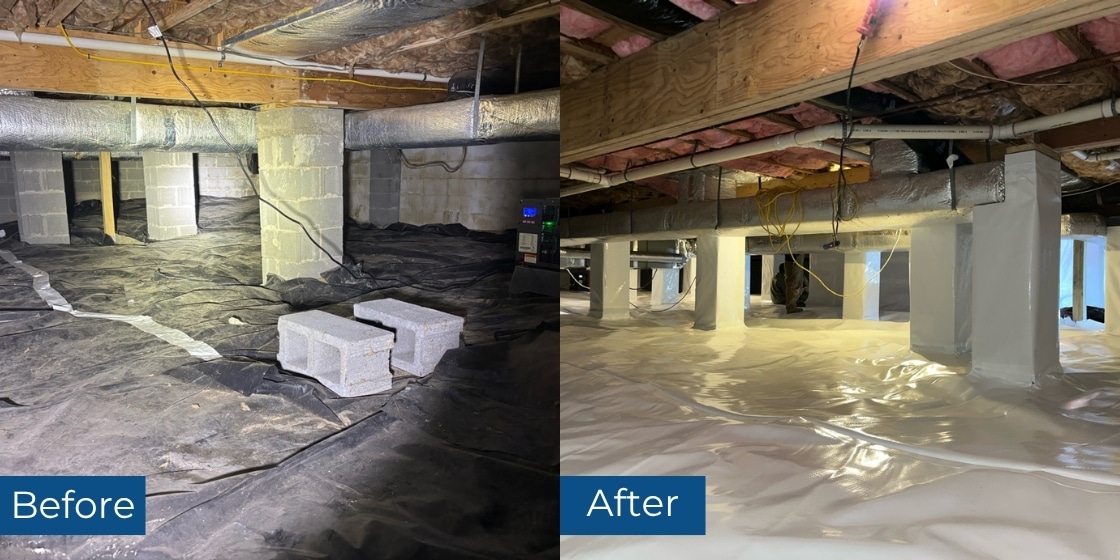 Before deteriorated vapor barrier and after fully encapsulated crawl space in Shepherdstown, WV.