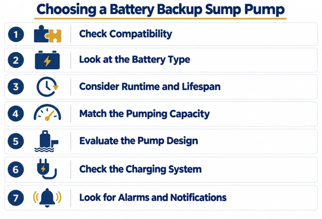 Checklist of factors to consider when choosing a battery backup sump pump system in Fairfax, VA.