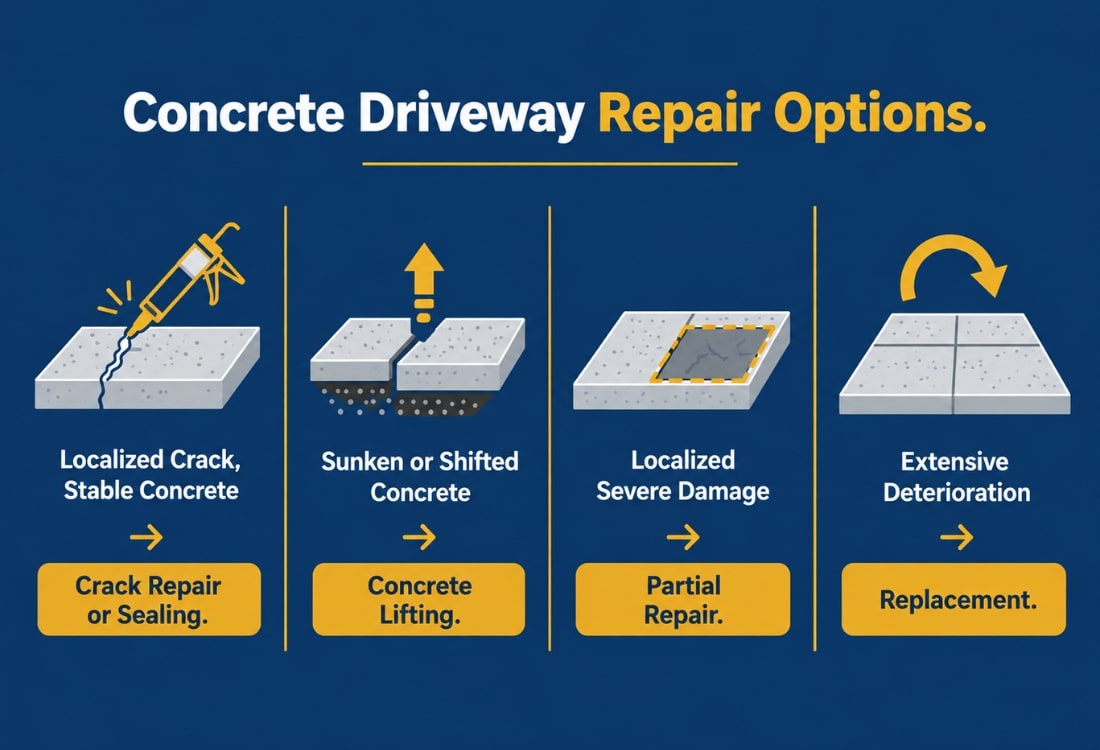 Infographic showing concrete driveway crack repair options based on condition in Winchester, VA.