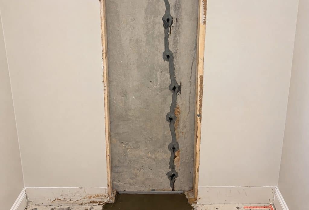 A concrete wall crack after injection repair, showing the sealed result of concrete wall crack repair evaluation in Fairfax, VA.