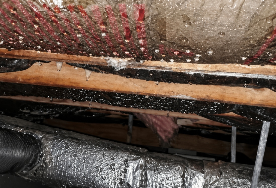 Condensation forming on pipes under home, a sign of high humidity needing a vapor barrier in crawl space in Reston, VA.