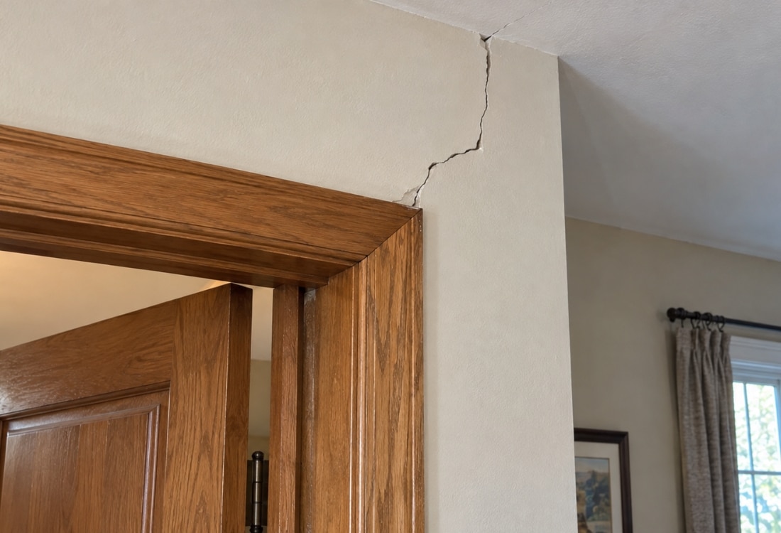 A drywall crack near a door frame, a pattern that often points to foundation movement causing a sticking door again in Alexandria, VA.