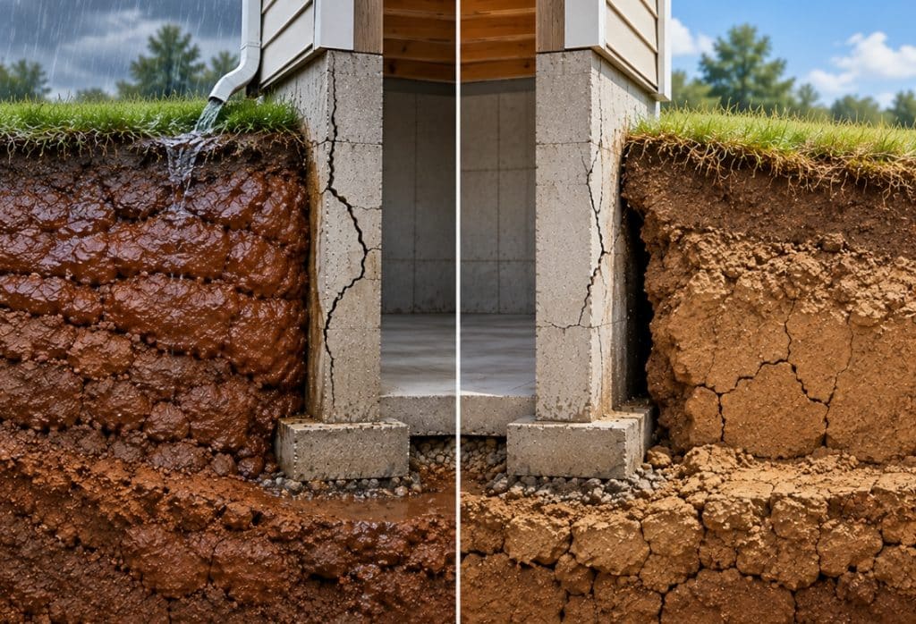 Diagram showing expansive soil swelling when wet and shrinking when dry around a home foundation in Winchester VA.