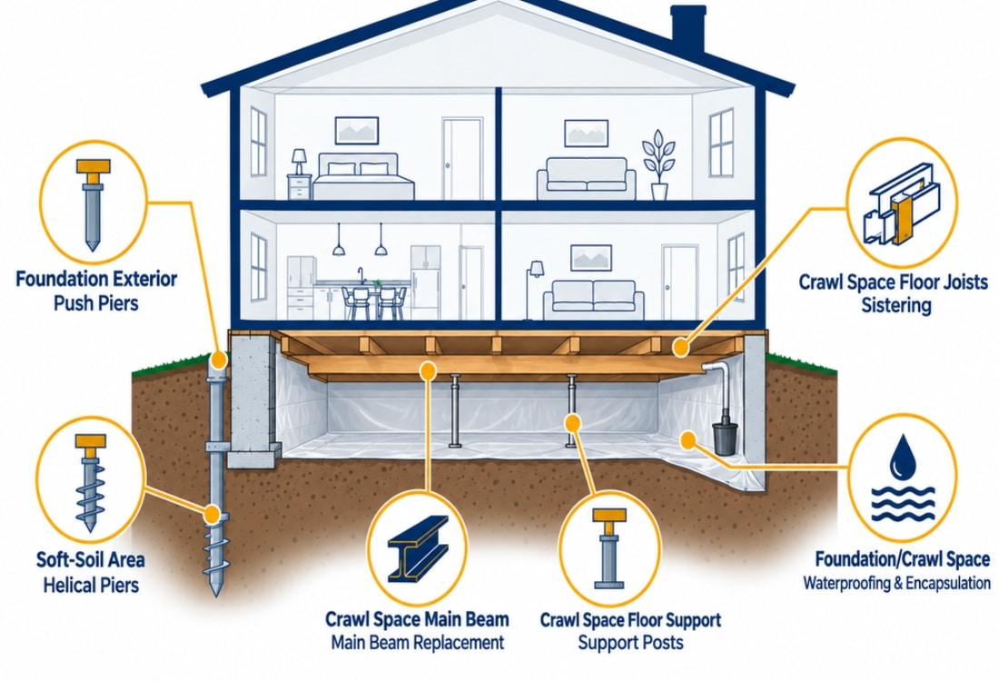 Diagram showing six foundation repair solutions and where each one applies to fix a sticking door in Ashburn, VA.