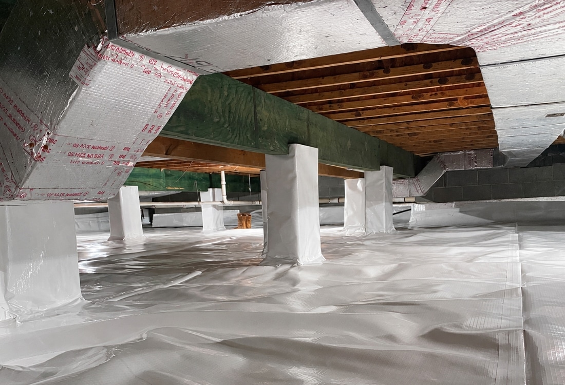 A fully encapsulated crawl space with vapor barrier in Bristow, VA, extending up the walls, showing a more complete moisture solution.
