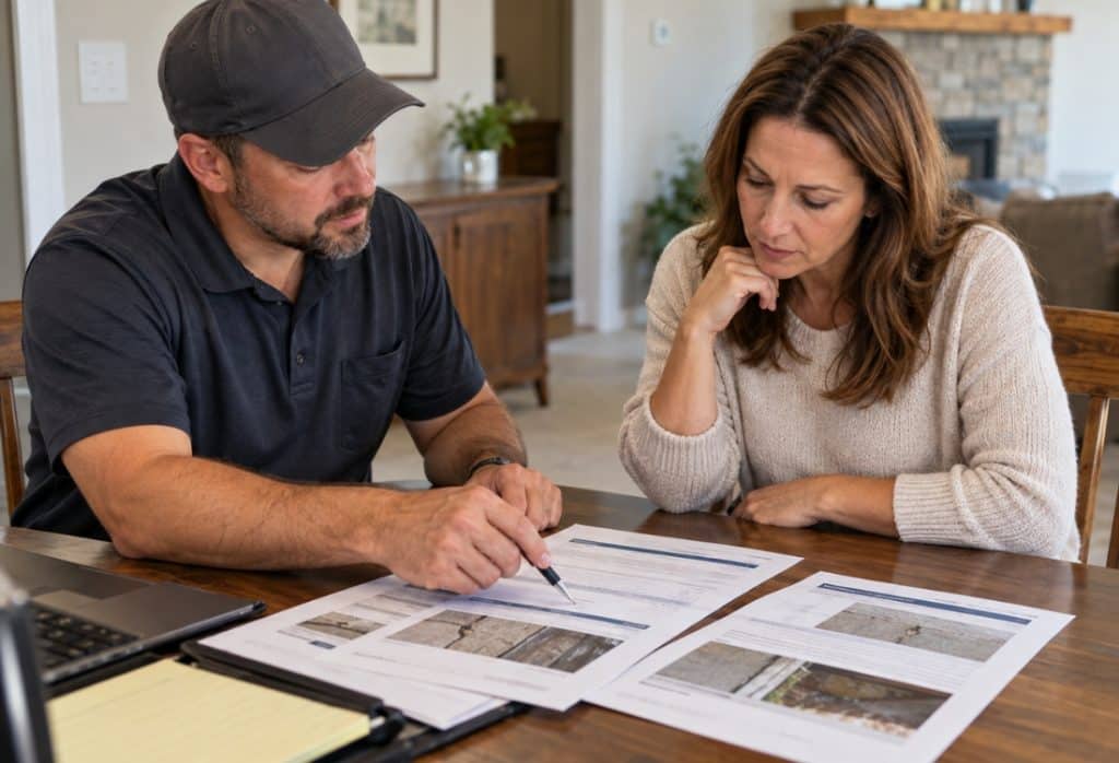 Homeowner and contractor reviewing a written foundation repair estimate together in Alexandria, VA.