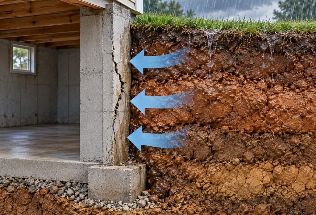 Cutaway illustration showing expansive soil movement placing pressure on a home's foundation causing crack damages in Reston VA.
