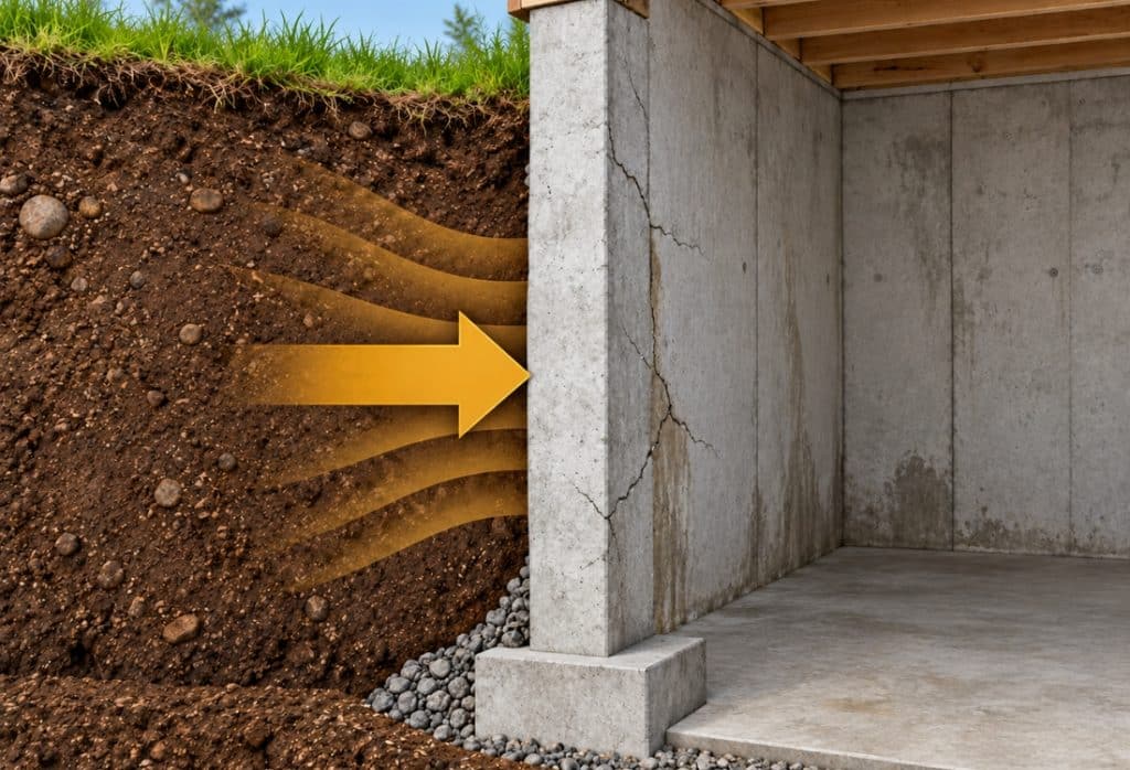 Diagram showing soil pressure pushing against a foundation wall from outside, that needs wall anchors for bowing walls Winchester, VA.