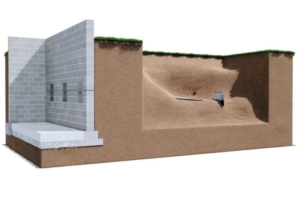 Diagram showing a wall anchor rod connecting an interior plate to an exterior anchor, stabilizing a bowing wall in Alexandria, VA.
