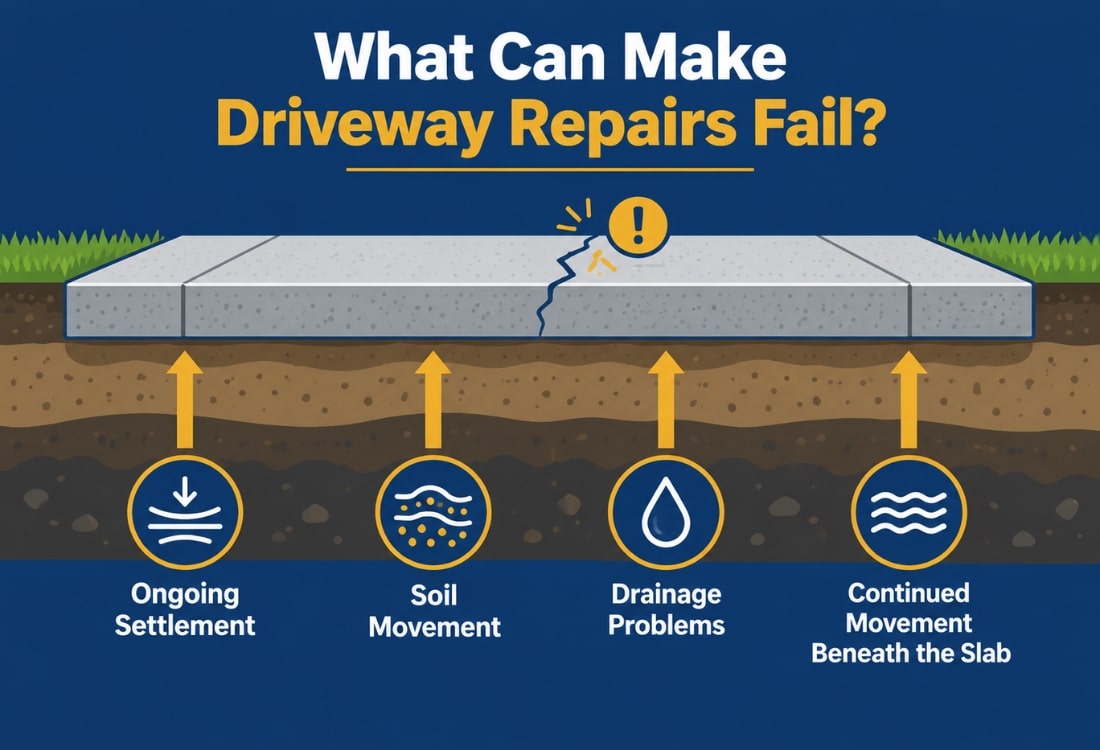 Diagram showing why concrete driveway crack repairs fail without fixing settlement in Southbridge, VA.