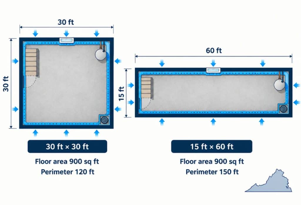 Diagram of 30 by 30 ft vs 15 by 60 ft basements, same floor area, different perimeters, for basement waterproofing cost in White Post, VA