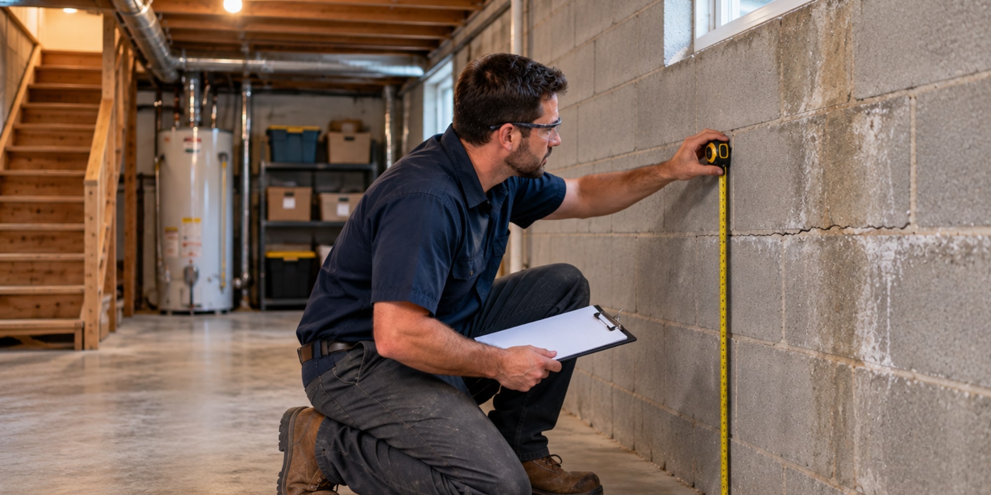 Technician measuring a basement block wall with a tape measure and clipboard to estimate basement waterproofing cost in Northern, VA.
