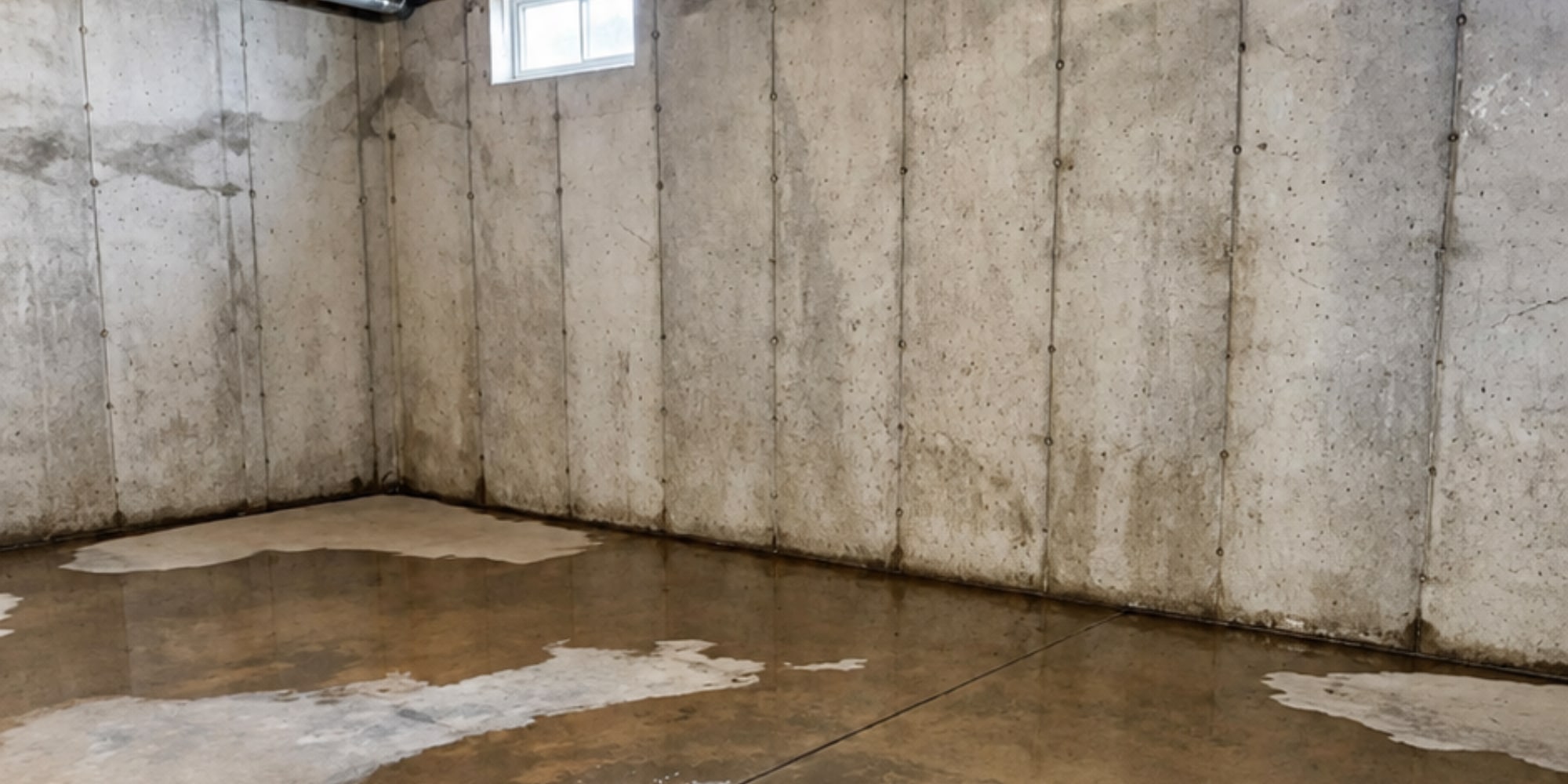 Pooling water in basement floor near the foundation wall causing water damage in a Northern Virginia home.